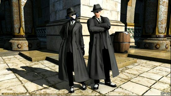 FFXIV 6.25 - new spy outfits: two characters each wearing a full black suit & tie, long black coat, and black trilby