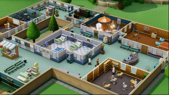Games like Sims: An overview of a hospital in Two Point Hospital, showing a GP's office, ward, and an assortment of examination rooms.