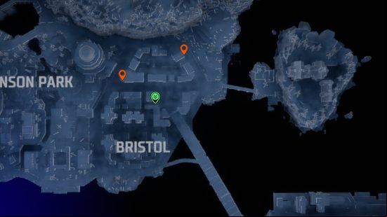 Gotham Knights landmarks: orange pins showing the locations of the landmarks in Bristol.
