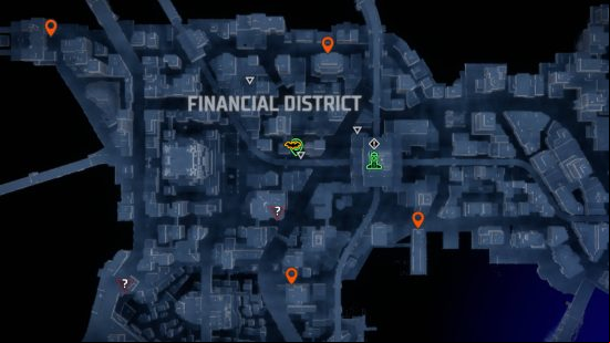 Gotham Knights landmarks: orange pins showing the locations of the landmarks in Financial District.