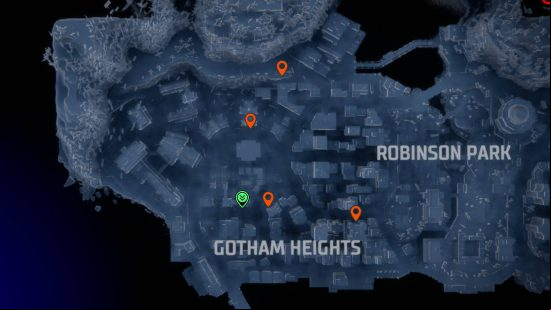 Gotham Knights landmarks: orange pins showing the locations of the landmarks in Gotham Heights.