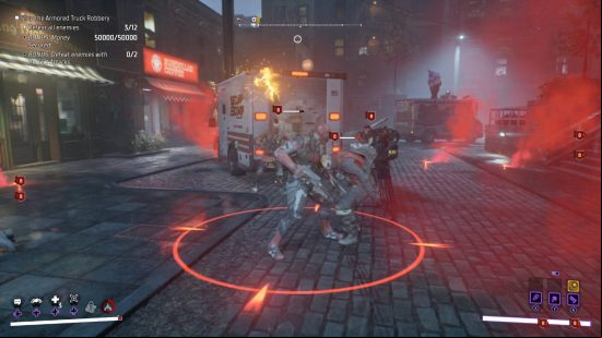 Gotham Knights missions list - Red Hood is beating up a Freak firestarter as a second throws a molotov cocktail at them. A security truck has its back forcefully opened by a laser turret. There is an ice cream truck nearbyt and a coffee shop in the distance.