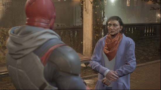 Gotham Knights missions list: Red Hood is talking to a woman in a purple coat with a red scarf.