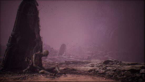 How long is Scorn: An example of the desolate landscape that characterises the alien world in Ebb Software's first-person survival horror, with crumbling mechanical structures and a decaying corpse slumped against one, breaking apart in the harsh wind.