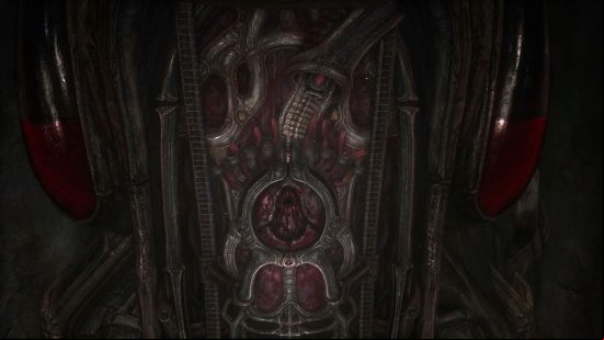 How to heal in Scorn: The blood bank used to recharge your healing tool in Scorn, with tanks of blood mounted on either side of it.