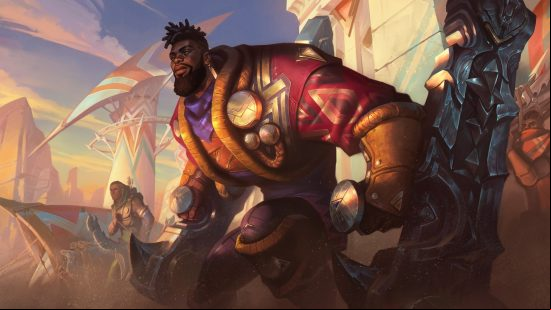 League of Legends K'Sante is queer and black, and Riot is proud of it: A black man in red and gold clothing stands with two huge weapons in his hands ready for battle