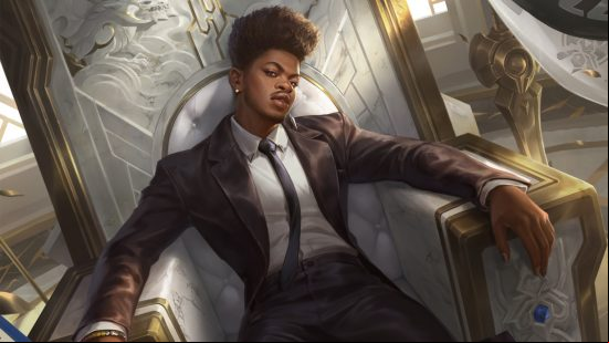 League of Legends K'Sante is queer and black, and Riot is proud of it: A black man with a shaved afro sits in a uit on a white and gold throne