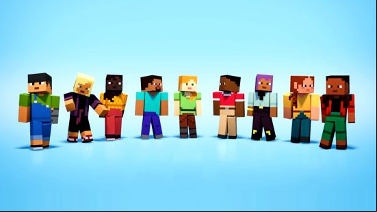 Minecraft Live 2022 - new default skins, left to right: Sunny, Kai, Makena, Steve, Alex, Zuri, Efe, Ari, Noor