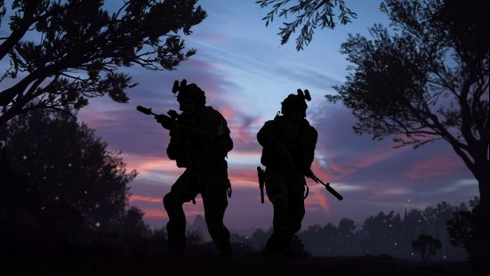 Modern Warfare 2 Spec Ops mission list: two silhouettes of soldiers advancing stealthily through a treeline at the break of dawn in the two-player co-operative mode making its return in Modern Warfare 2.
