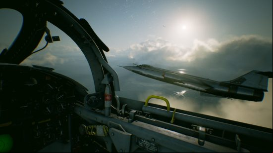 The view of a fighter jet from the cockpit of another in Ace Combat 7, one of the best flying and plane games.