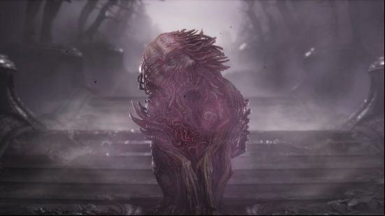 Scorn story explained: The final state of existence that both protagonists of Scorn find themselves, fused together as one mutated being that stands in petrified monument on the stone steps up to the yonic portal, serving as either a warning or a waypoint.