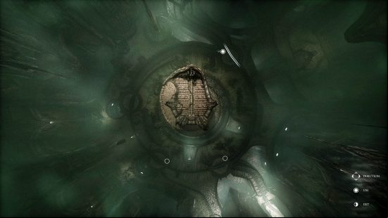 Scorn first puzzle: The rail track as seen from above while interacting with the console on the raised platform in the main cavern, which must be manipulated to solve the first puzzle, with the branches of the track selected.