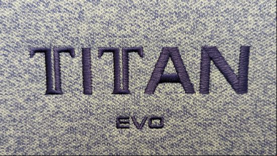 The Secretlab 'Titan Evo' logo, stitched in purple against a lighter tone