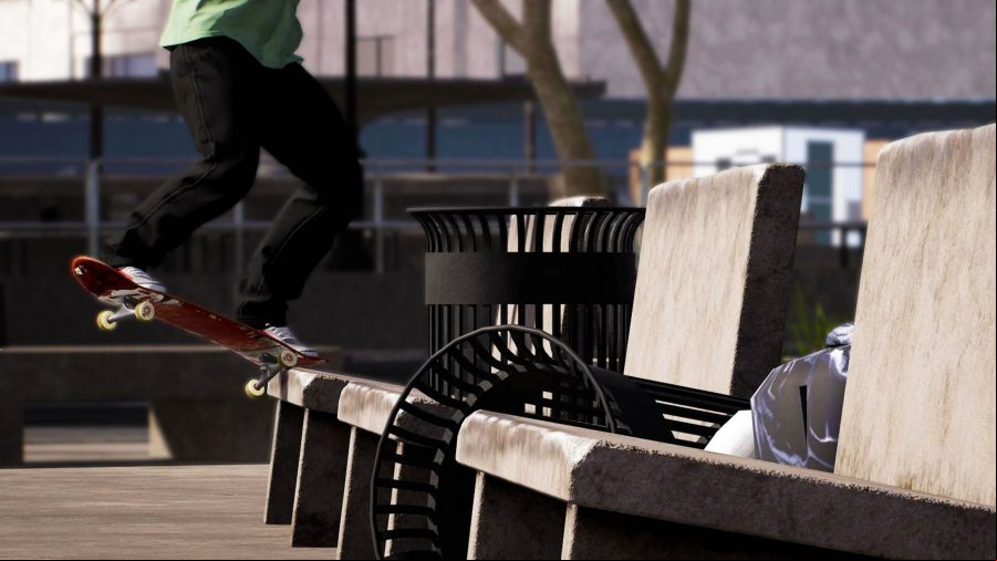 Session: Skate Sim screenshot showing a close-up of someone grinding on a concrete bench