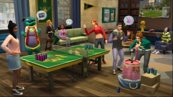 Sims 4 expansions: Students hang out in a university communal area in the Discover university expansion pack
