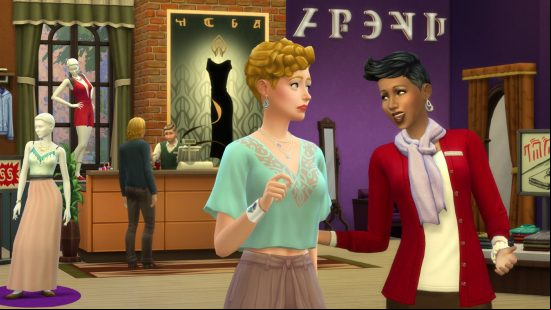 sims 4 expansion packs: One woman leads another through her clothing store in the Get to Work Sims 4 expansion pack