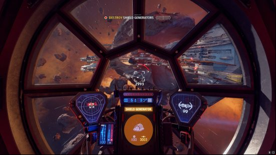 Best flying games: The view from inside the cockpit in a Star Wars Squadrons spaceship.