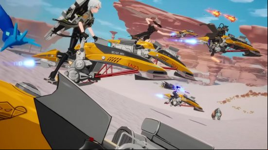 Tower of Fantasy 2.0 update: A fleet of Jerboa hoverbikes, the popular vehicle of choice in the Vera region, and employed by the defensive forces of Mirroria.
