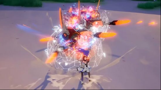 Tower of Fantasy Cobalt-B: Cobalt-B using her Flaming Revolver's discharge skill on a mechanical enemy, demonstrating its shieldbreaking power.