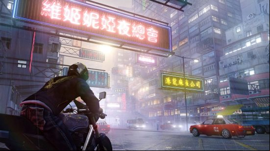 Best Police games - a cop is riding a motorbike through the cluttered streets of Hong Kong in Sleeping Dogs.