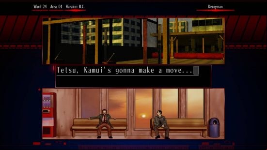 Best Police games -two men are sat on benches in a subway station in The Silver Case.