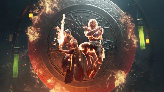 Destiny 2 Iron Banner season 18 start time, rewards, and quest: Two Guardians attack in front of an Iron Banner symbol.