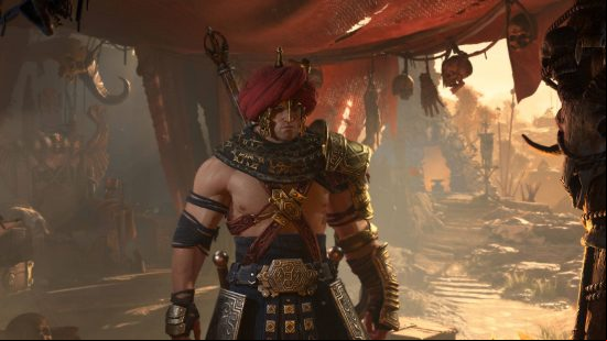 Diablo 4 release date - a barbarian in wearing a turban in the middle of a middle-eastern style market.