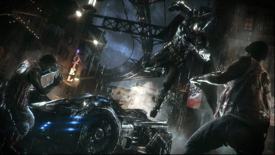 Best Batman games - Batman leaping from the Batmobile to punch a thug in Arkham Knight. It's raining and there is a sleazy hotel nearby.