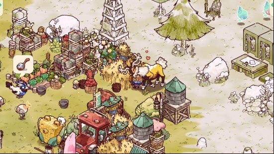 Best games like Animal Crossing: An area of Cozy Grove featuring many of the island's inhabitants, into a sweetcorn bear, a friendly deer, and a bird that has a request.