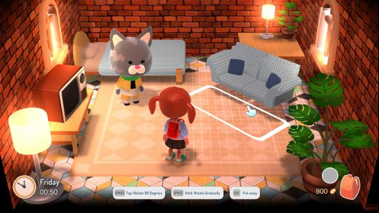 Best games like Animal Crossing: A girl with pigtails and a grey cat redecorate a house in Hokko Life, adjusting the placement of a sofa beside a plant, lamp, and TV.