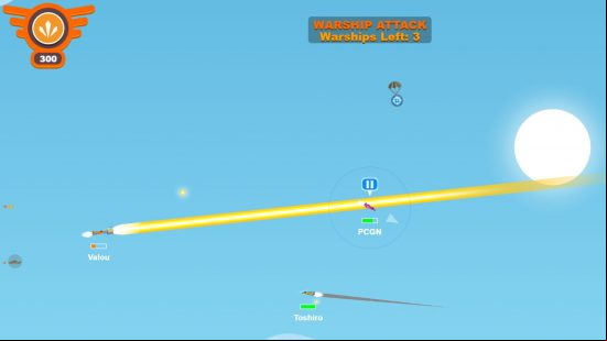 Best io games: Our fighter jet narrowly misses a laserbeam attack from a damaged warship while surrounded by enemy pilots in Wings.io, one of the best io games.