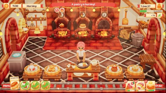 Best life games - Lemon Cake: the player character stands a red and orange kitchen under a warning message that a pastry is burning