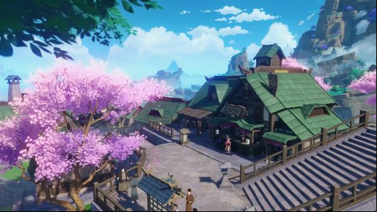 Best open-world games: Genshin Impact. Image shows a beautiful mountain village with cherry blossoms floating by.