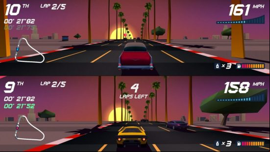 A horizontal split screen view of one of the best retro games, Horizon Chase Turbo, with the cards racing through a palm-tree lined road at sunset.