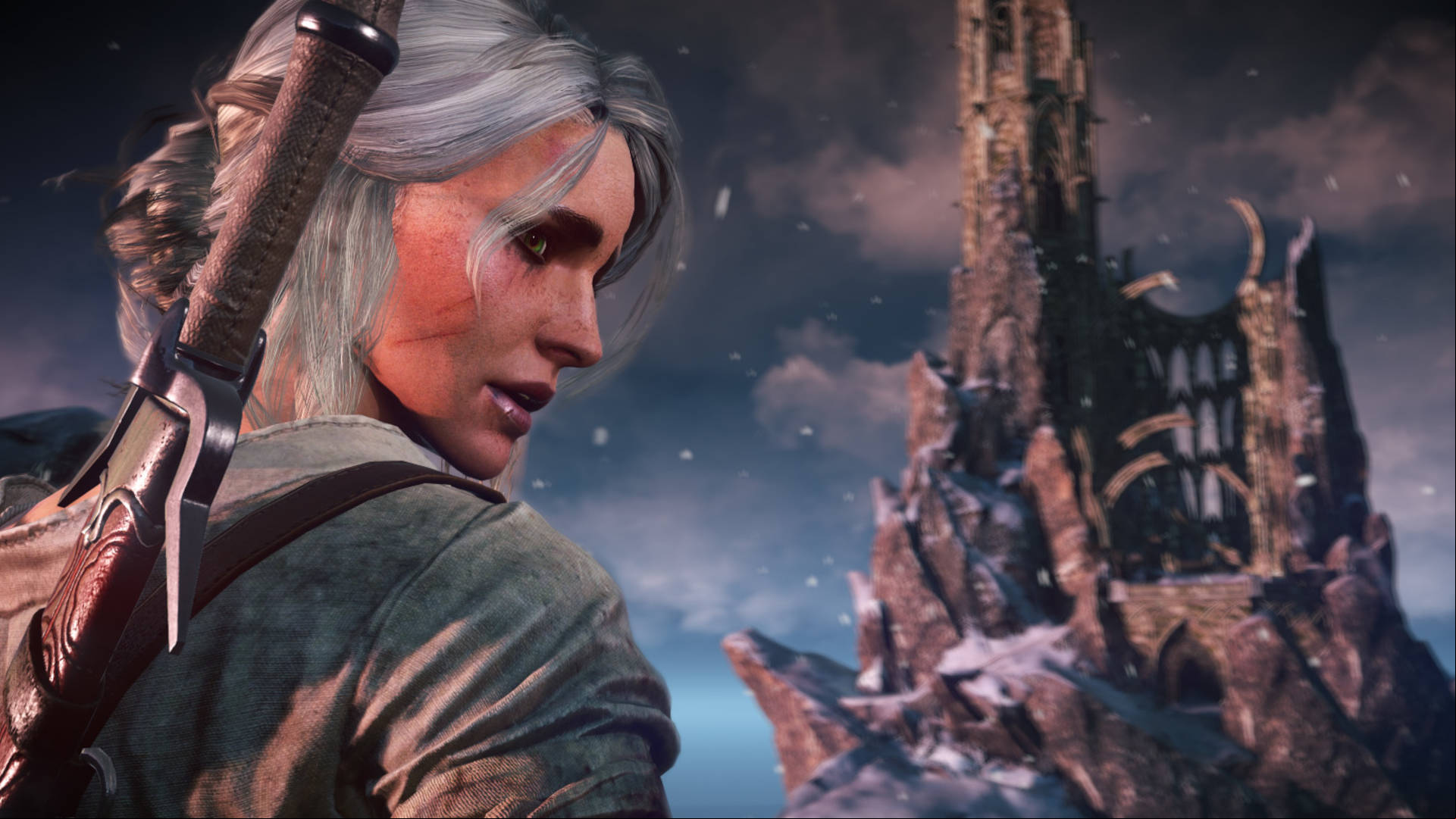 Best RPG games - Ciri from Witcher 3 is standing on a cliff face overlooking a castle on a hill.
