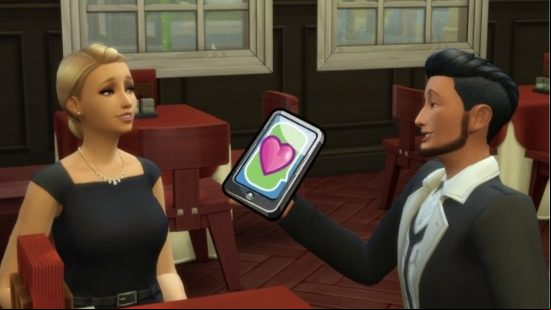 A male Sim holds out his phone to a female Sim in Sims 4 sex mod SIMDA Dating App