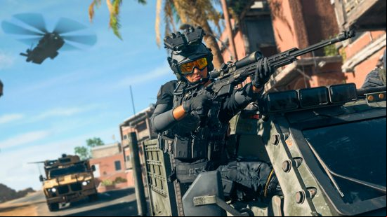 Call of Duty Warzone 2 best assault rifles: a female soldier leans out of a jeep holding an assault rifle