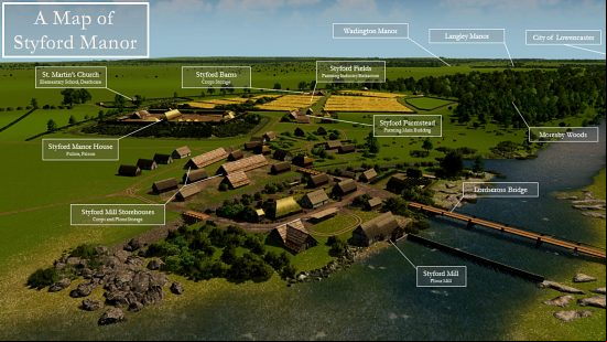 Cities: Skylines medieval build - a small medieval village along a river, featuring a church, Lord's manor, and several wheat fields