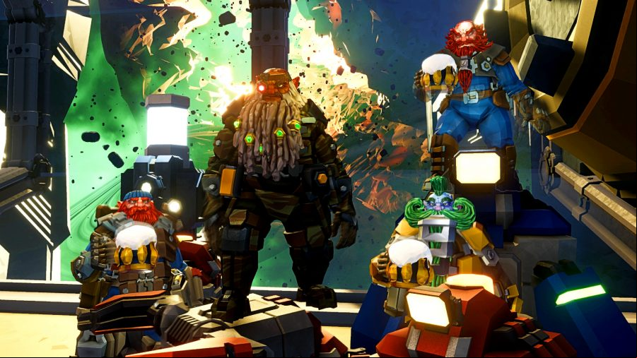 Deep Rock Galactic - four dwarves in a mining station