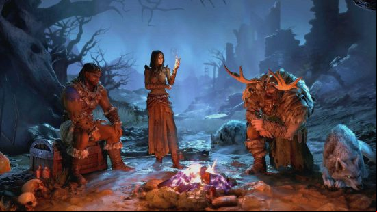 Diablo 4 release date - three of the five revealed characters sitting by a camp fire.