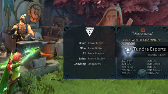 A Dota 2 archer with a green bow stands in front of a shopkeeper with the Aegis of Champions behind him as a pop up explains the winners of all of the past TIs