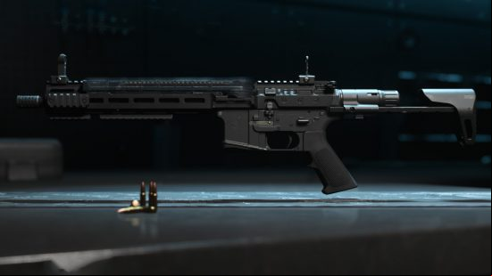 Best Warzone 2 SMGs: an FSS Hurricane SMG sits on display