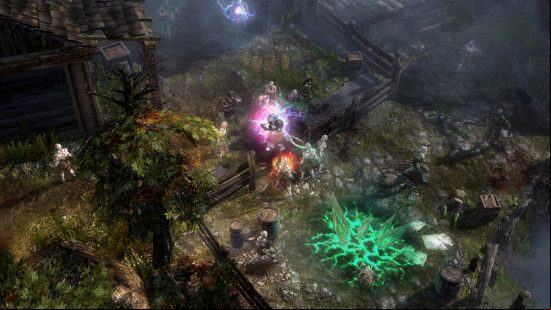 Games like Diablo Grim Dawn: A group of heroes in Grim Dawn going up against zombie hordes at a deserted farmstead, casting powerful spells to keep them at bay.