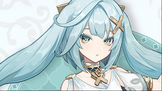 Genshin Impact 3.3 release date: Farzuan is a youthful girl with light blue hair. She is wearing a cross-shaped pendant and hair clip.