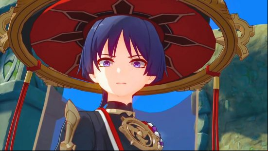 Genshin Impact Scaramouche ascension materials - The Wanderer looks a bit shocked as he wears a red hat with golden rim, and golden jewellery.