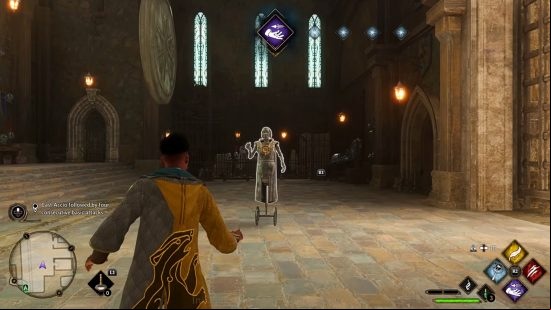 Hogwarts Legacy spells gameplay: A student practises spellcasting in duelling class