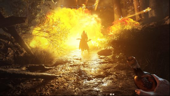 Games like Left 4 Dead and Payday 2: a person holding a molotov cocktail look upon a blazing inferno