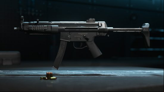 Best Warzone 2 SMGs: an MP5 Lachmann Sub SMG sits on display