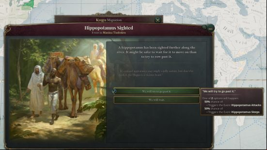 Victoria 3 Beginner's Guide: A dialogue box describing an encounter with a hippopotamus in Africa