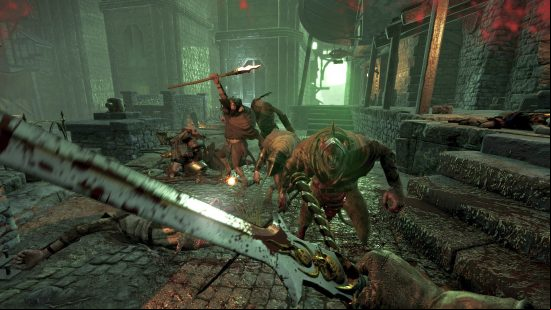 Games like Left 4 Dead and Payday 2: a person holding a sword fights off an army of giant rats wearing armour